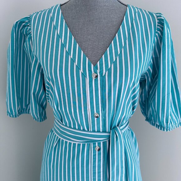 Women's Cotton Puff Sleeve Midi/Maxi Shirt Dress sz L. - Green & White - Picture 2 of 13